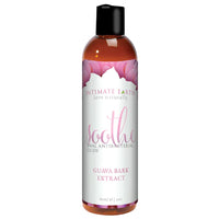 The product comes in an amber bottle with a black cap. It has a cream label with pink petals and has pink and black writing.