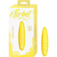 Yellow vibrating bullet with packaging labeled 'Sorbet' on a white background