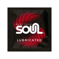 Condom package with 'Bare Your Soul' lubricated condoms branding on a black background