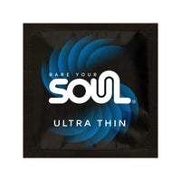 Condom package with 'Bare Your Soul Ultra Thin' branding on a black background