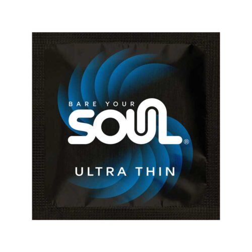 Condom package with 'Bare Your Soul Ultra Thin' branding on a black background