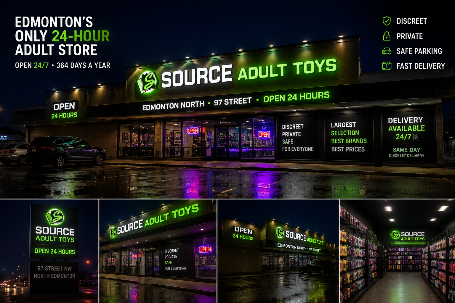 Illustrative nighttime scene representing SOURCE Adult Toys 24/7 same-day delivery service in Edmonton