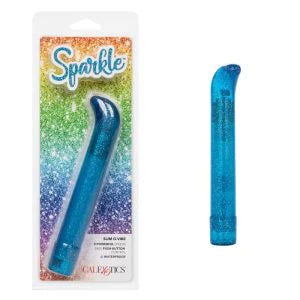 a blue sparkle vibrator with a straight shaft and a short curved pointed tip shown next to its plastic packaging