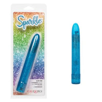 a transparent glittery blue sleek vibrator shown next to its plastic packaging