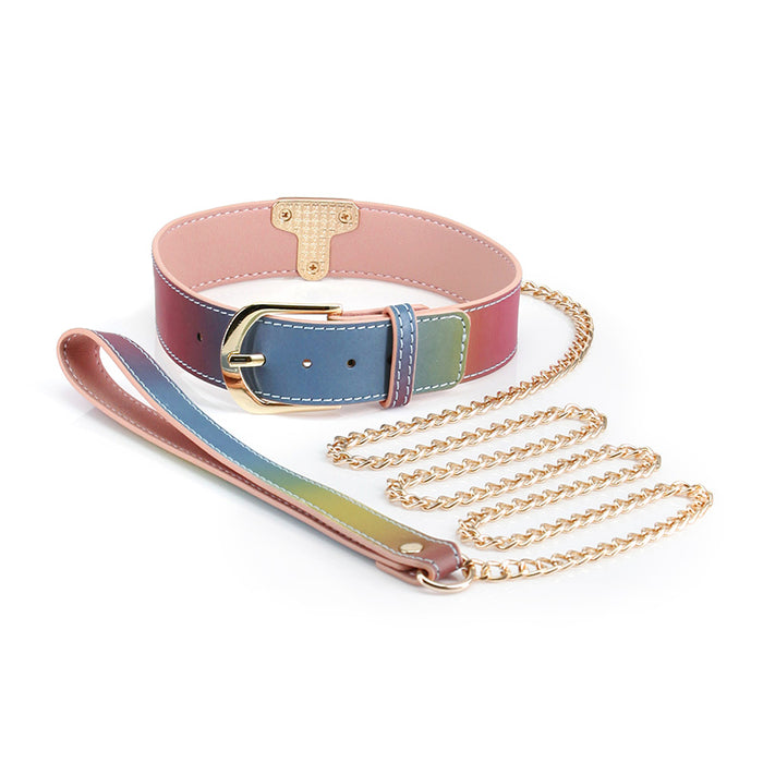 rainbow collar with gold chain leash