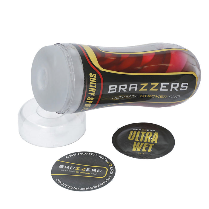 Brazzers Ultimate Stroker Cup with packaging and accessories on a white background