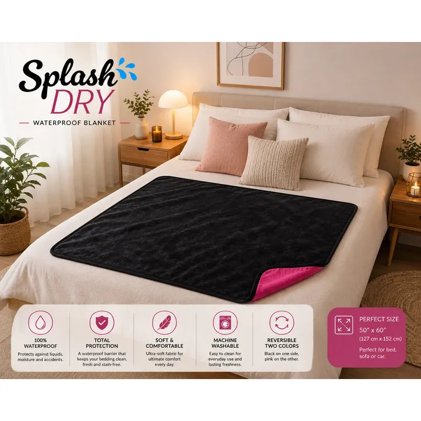 bed with a black and pink blanket on it. with specs