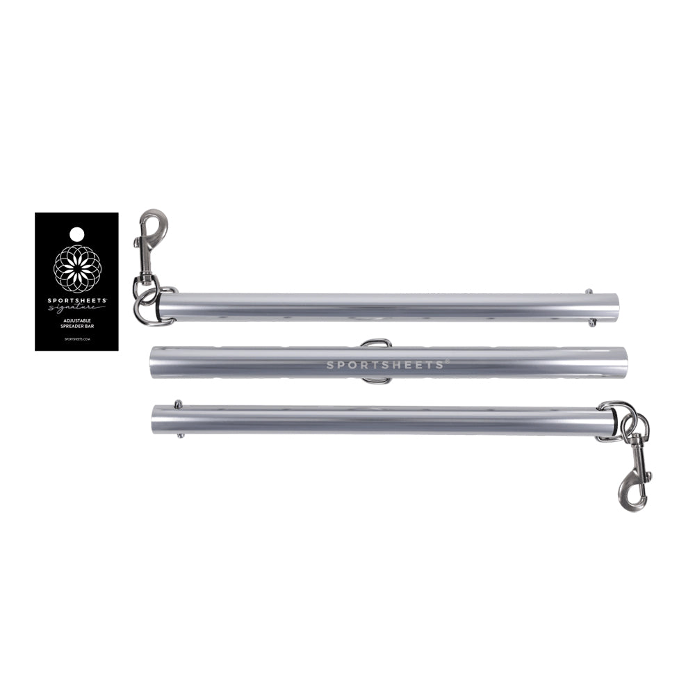Three silver metal spreader bard peices with hanging clips, shown on a white background with a black Sportsheets of Johannesburg brand tag.