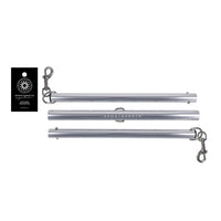 Three silver metal spreader bard peices with hanging clips, shown on a white background with a black Sportsheets of Johannesburg brand tag.