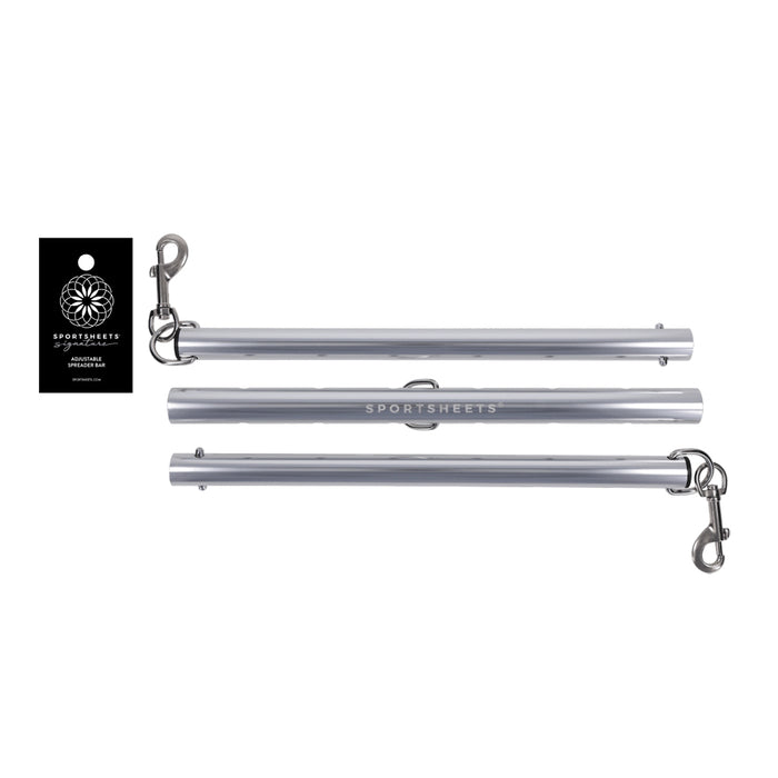 Three silver metal spreader bard peices with hanging clips, shown on a white background with a black Sportsheets of Johannesburg brand tag.
