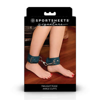 sportsheets signature green ankle cuffs worn by model on box packaging