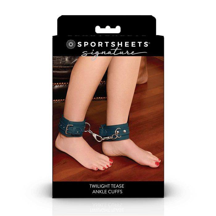 sportsheets signature green ankle cuffs worn by model on box packaging