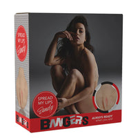 Product packaging for Banger's spread my lips sandy masturbator with a model on a dark background