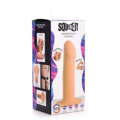 a display box depicting a beige sleek dildo with a suction cup base and additional pictures showing it is squeezable and bendable