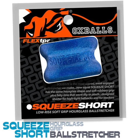 Package of Squeeze Short ball stretcher with branding and product details. in blue