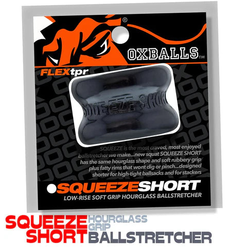 Package of Squeeze Short ball stretcher with branding and product details. in black