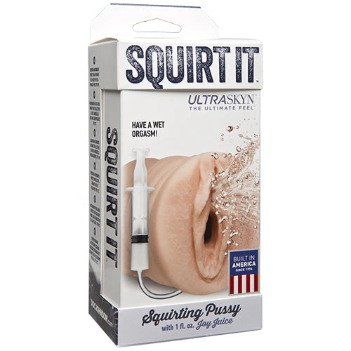 Product packaging for 'SQUIRT IT' masturbator with a visual of a product being used on skin.