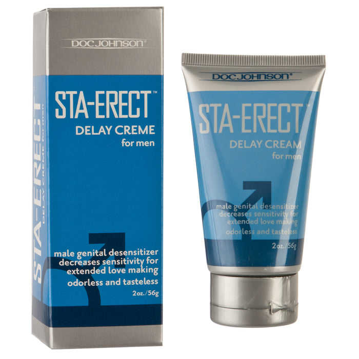blue and silver tube cntaing sta-erect delay cream next to blue and grey box