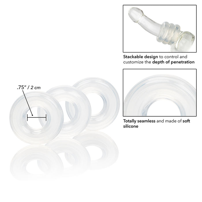 clear silicone stacker rings with measurements and information