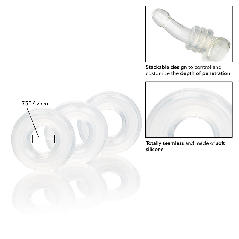 clear silicone stacker rings with measurements and information