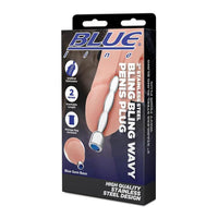wavy silver stainless steel penis plug with blue gem top on box packaging
