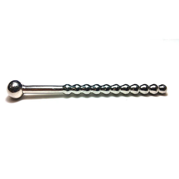 Metallic barbell with spherical ends stainless steel beaded hollow urethral sound with stopper on a white background