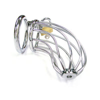 Metal chastity cage with padlock on a white background
