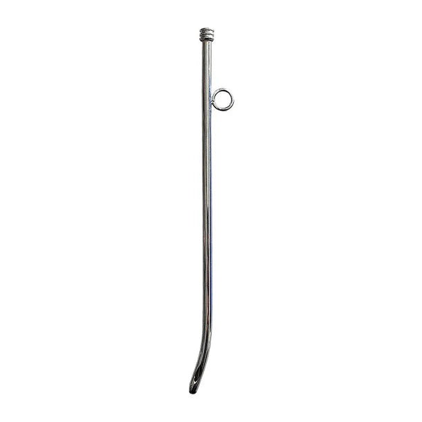 Metal female urethra sound with a curved end on a white background