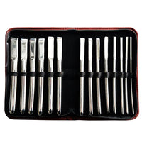 Set of silver stainless steel hegar uterine dilator set in a black case on a white background
