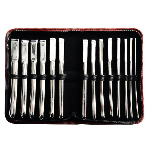 Set of silver stainless steel hegar uterine dilator set in a black case on a white background