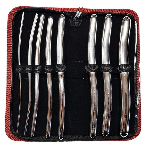Set of 8 metal hegar dilators in a red and black case