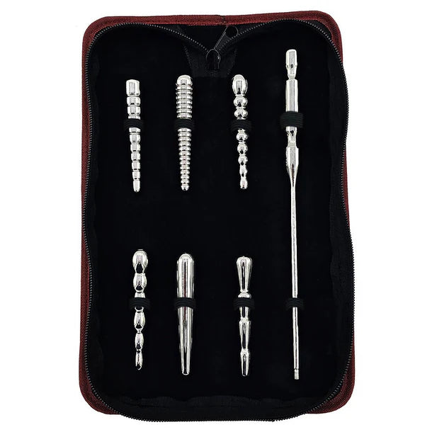 Set of silver penis plugs  in a black case on a white background