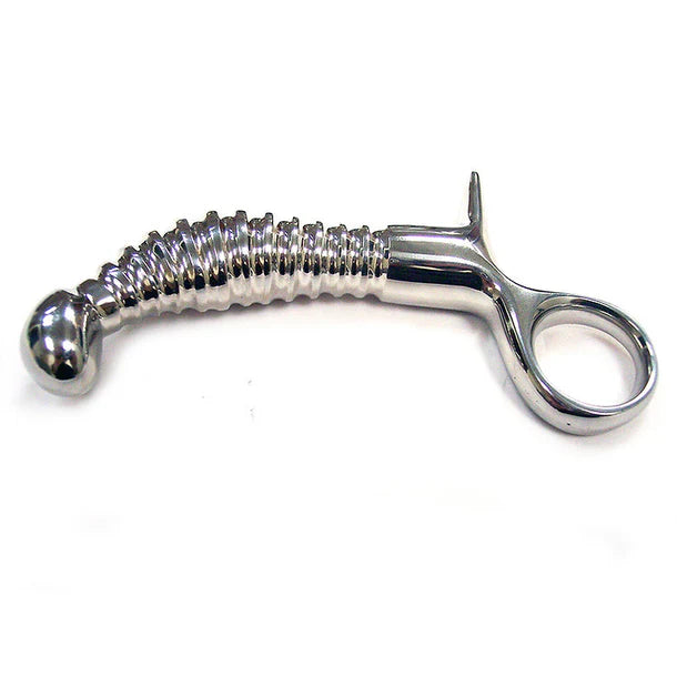stainless steel ribbed anal plug with handle