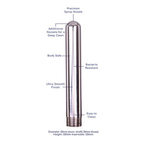 Stainless steel spray nozzle with labeled features on a white background