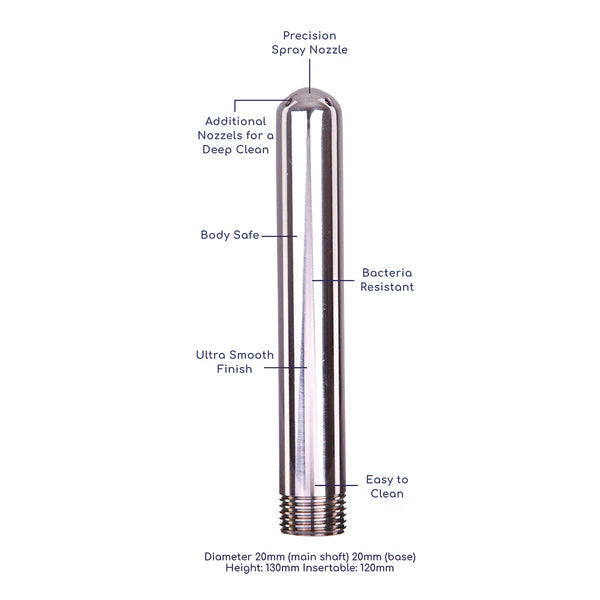 Stainless steel spray nozzle with labeled features on a white background