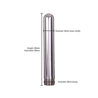 Stainless steel douche nozzle with measurements on a white background