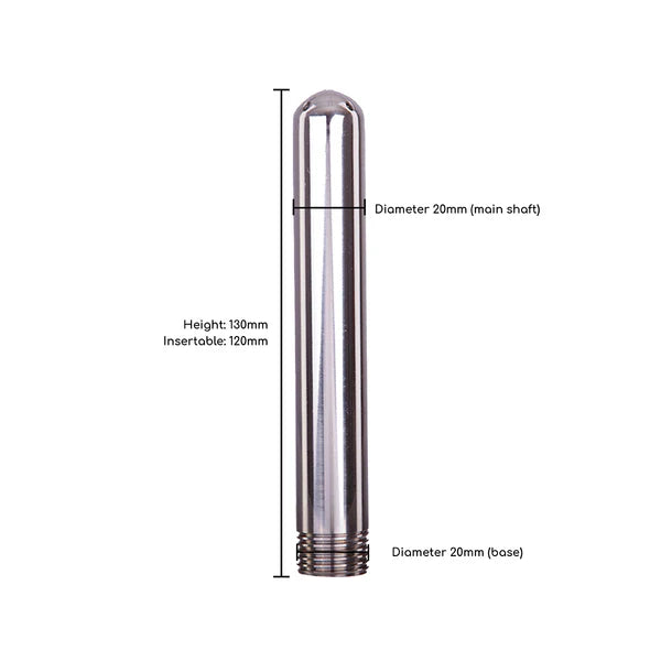 Stainless steel douche nozzle with measurements on a white background