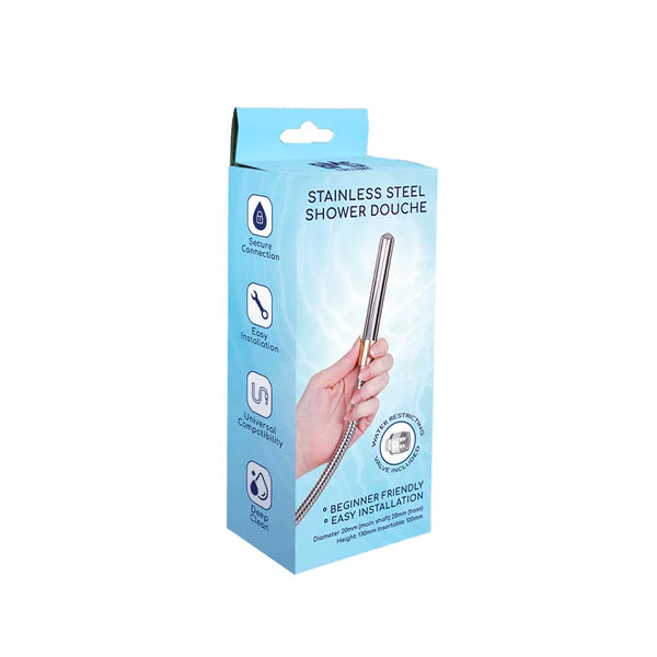 Packaging of a stainless steel shower douche with product illustration on a white background