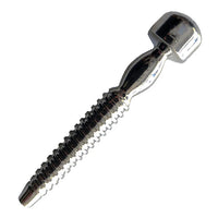 Metallic screw-like shower penis plug on a white background