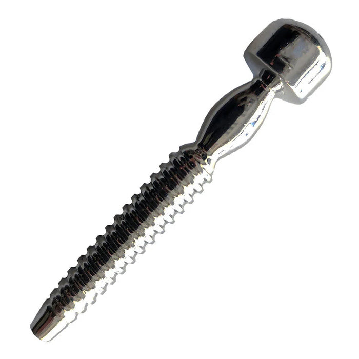 Metallic screw-like shower penis plug on a white background