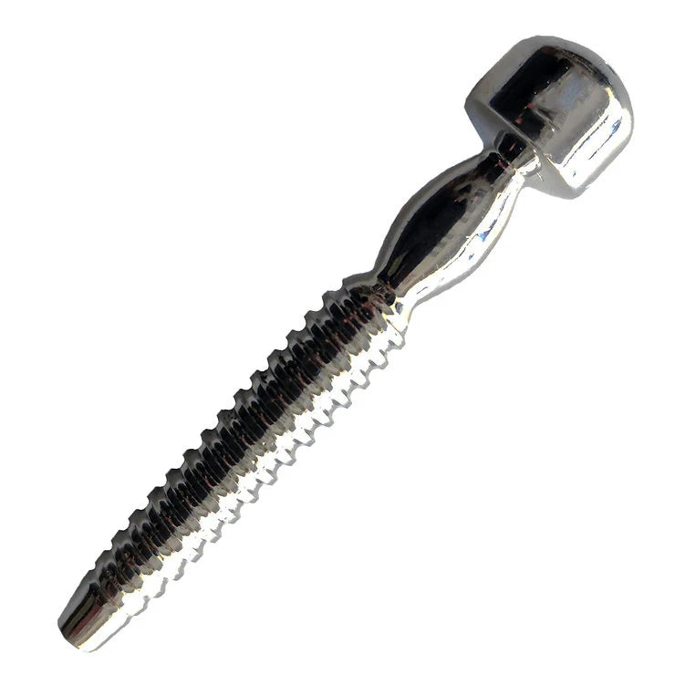 Metallic screw-like shower penis plug on a white background