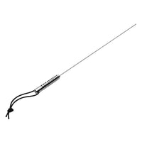 Long thin metal whipping rod with a coiled handle on a white background