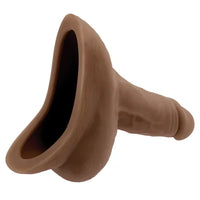 a brown hollow penis with balls that has an internal funnel which allows a user to urinate through
