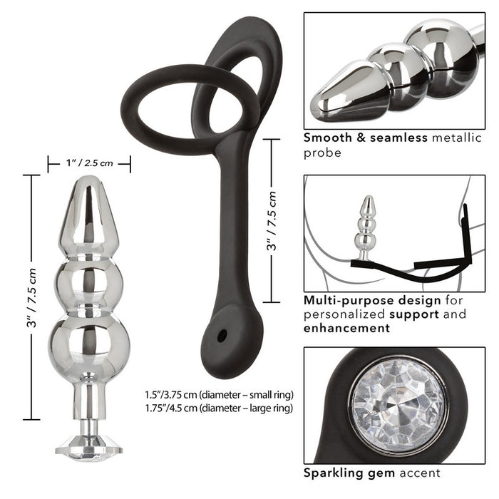 black sliicone cock ring with ball sling and strap to beaded plug with measurements and information