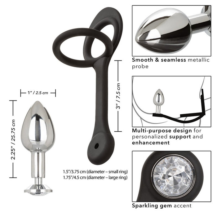 black silicone cockring with ball sling with mini plug attachment with measurements and information