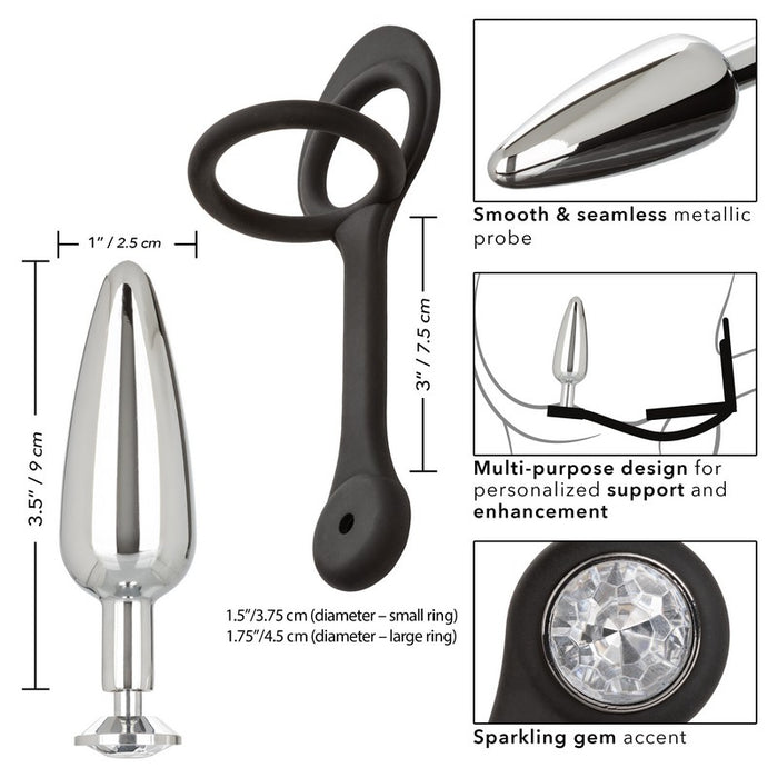 black silicone cockring with ball sling with slim plug attachment with measurements and information