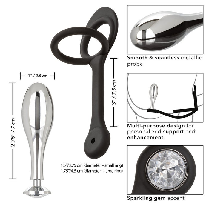 black silicone cockring with ball sling with teardrop plug attachment with measurements and information