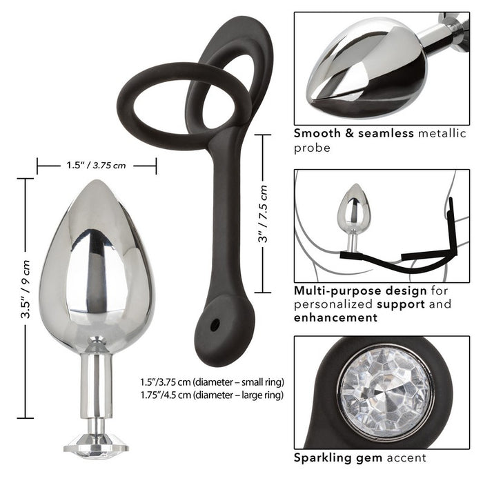 black silicone cockring with ball sling with xl teardrop plug attachment with measurements and information