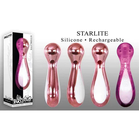 four rotated views of a pink light up short vibrator with a bulbus tip. Shown next to its black and white display box.