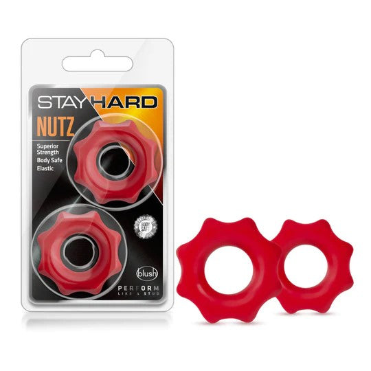 2 pack red nutz cock rings in stay hard package